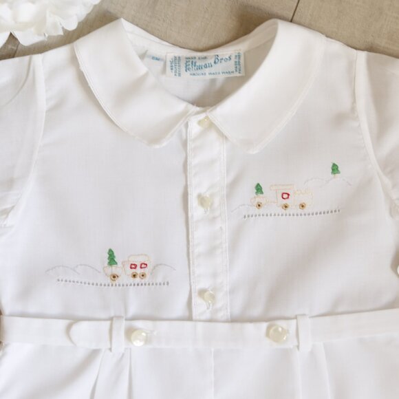 Boy's Feltman Brothers Belted Romper Train Embroidery 6/9 Months NWT RARE FIND - Picture 3 of 4